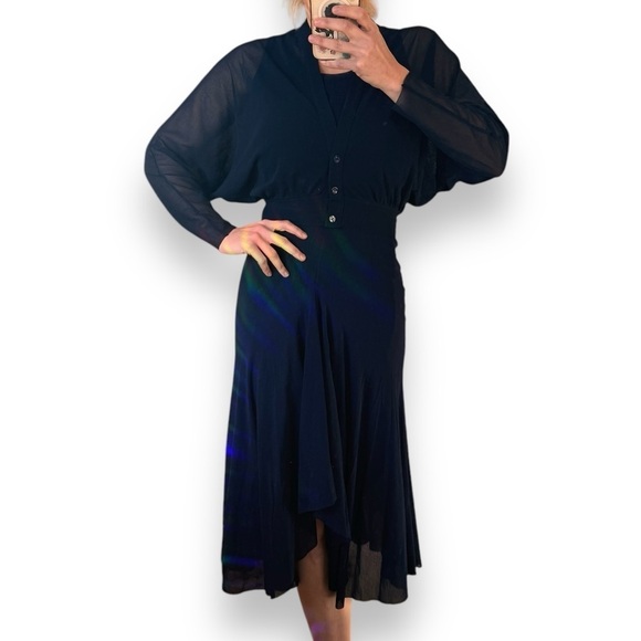FUZZI by Jean Paul Gaultier Mesh Dress Long Sleeve MIDI Maxi Navy Blue SET sz S - Picture 2 of 16